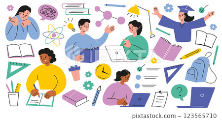 Vector illustration set of education and school items. Books doodles, students learning, writing, studying, teamwork flat composition with cartoon characters, graduation concept, academic subject icon 123565710