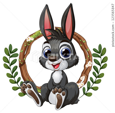Cute Cartoon Bunny with Floral Wreath 123565847