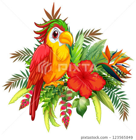 Colorful Parrot with Tropical Floral Arrangement Colorful Parrot with Tropical Floral Arrangement 123565849