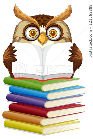 Wise Owl Reading on Book Stack Wise Owl Reading on Book Stack 123565889