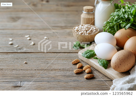 Farm eggs, nuts and greens on a rustic table, symbolizing wholesome food preparation 123565962
