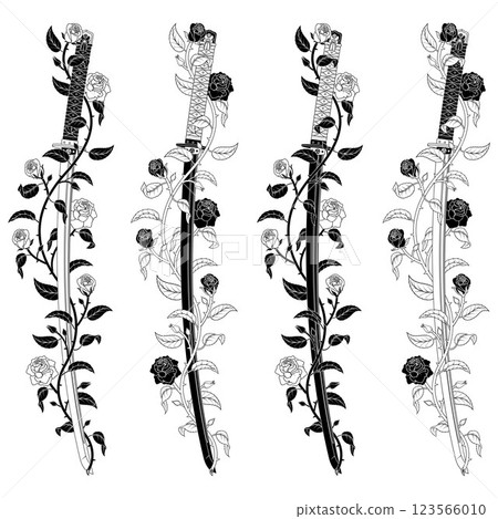 Ancient Japanese katana surrounded with roses 123566010