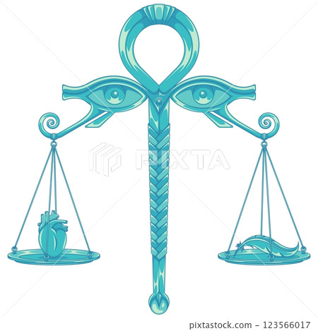 Egyptian scales weighing a heart and feather Egyptian scales weighing a heart and feather 123566017