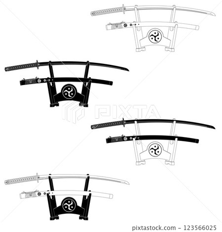 Samuray katanas on wooden stand 123566025