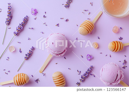Lavender and honey ice cream scoops, a seasonal and artisanal dessert idea 123566147