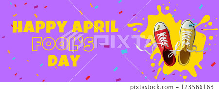 April Fool's Day, sneakers of different colors tied together on a lilac background, top view, with text 123566163