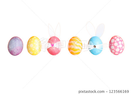 PNG, Easter, set of painted Easter eggs with rabbit ears, isolated on white background 123566169