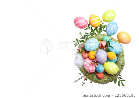 PNG, Easter, set of painted Easter eggs, with flowers, with space for text, isolated on white background 123566195