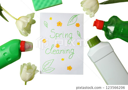 Spring cleaning, bottles with detergents, sponges, tulips and a sheet of paper with text isolated on a white background, top view, PNG Spring cleaning, bottles with detergents, sponges, tulips and a sheet of paper with text isolated on a white background, top view, PNG 123566206