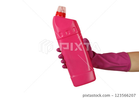 Spring cleaning, bottle with household chemicals in hand in rubber glove for cleaning isolated on white background, PNG 123566207