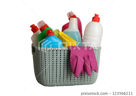Spring cleaning, plastic basket with cleaning supplies isolated on white background, close up, PNG 123566211