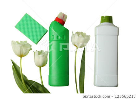 Spring cleaning, tulips, detergent bottles and sponge isolated on a white background, top view, PNG Spring cleaning, tulips, detergent bottles and sponge isolated on a white background, top view, PNG 123566213