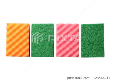 Spring cleaning, colorful sponges in a row isolated on white background, top view, PNG 123566215