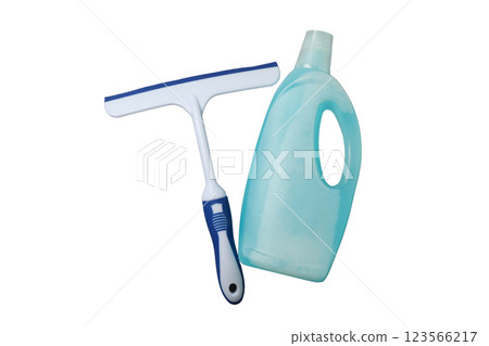 Spring cleaning, detergent bottle and squeegee isolated on white background, top view, PNG Spring cleaning, detergent bottle and squeegee isolated on white background, top view, PNG 123566217