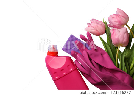 Spring cleaning, detergent in a bottle, cleaning gloves, sponge and tulips isolated on white background, space for text, top view, PNG Spring cleaning, detergent in a bottle, cleaning gloves, sponge and tulips isolated on white background, space for text, top view, PNG 123566227