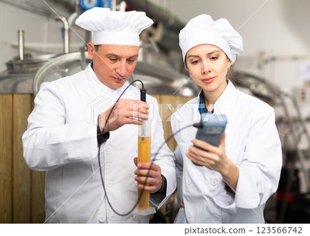 Man and woman brewmasters measuring beer with alcoholometer Man and woman brewmasters measuring beer with alcoholometer 123566742