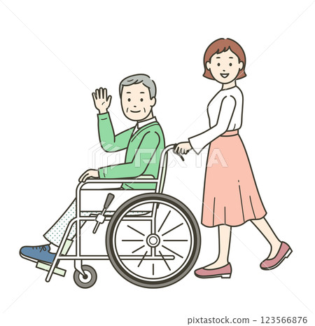 Illustration of an elderly man sitting in a wheelchair waving his hand and a young woman assisting him 123566876