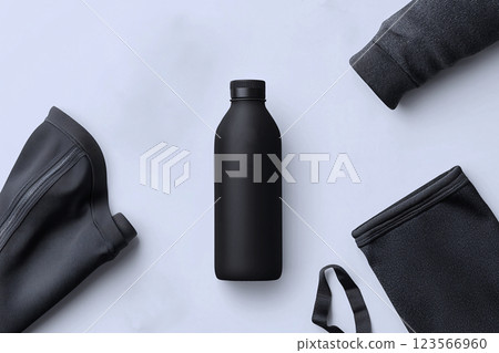 Mockup of a matte water bottle, perfect for customizable branding,set against a sports gear backdrop 123566960