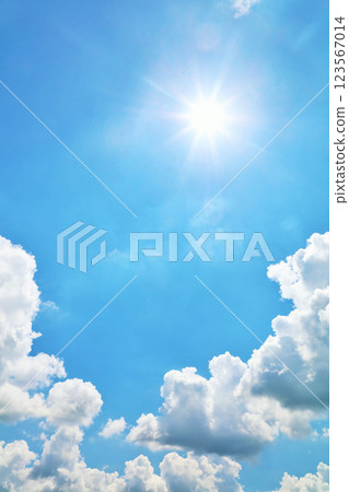 Summer blue sky, clouds and sun 123567014