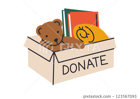 Cardboard box with Donate label filled with clothes, toys, and books. Charity, donation, and volunteering concept. Vector illustration in flat style, reuse second hand things, isolated colored clipart Cardboard box with Donate label filled with clothes, toys, and books. Charity, donation, and volunteering concept. Vector illustration in flat style, reuse second hand things, isolated colored clipart 123567093