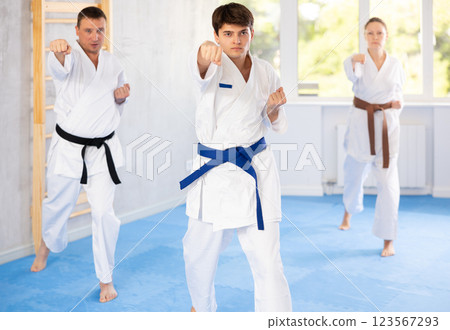 Athletes have starting position and repeating sequence of punches and painful techniques in kata Athletes have starting position and repeating sequence of punches and painful techniques in kata 123567293