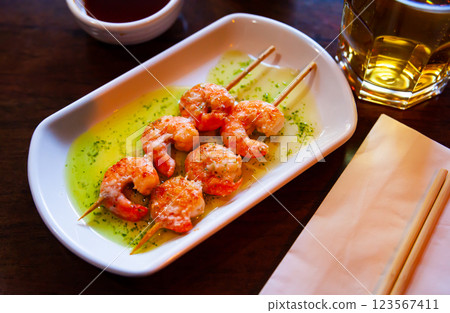 Grilled shrimp skewers. Japanese food Grilled shrimp skewers. Japanese food 123567411