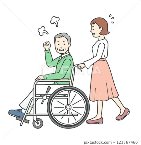 Full-body illustration of a young woman assisting an angry elderly man sitting in a wheelchair 123567460