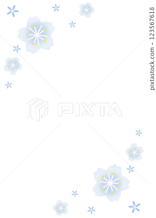 A frame with blue cherry blossoms blooming on the top and bottom 123567618