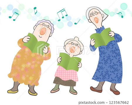 Illustration of senior women happily singing together Illustration of senior women happily singing together 123567662