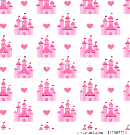 Pink Princess Castle Seamless Pattern with heart. Vector flat illustration. Pink Princess Castle Seamless Pattern with heart. Vector flat illustration. 123567724