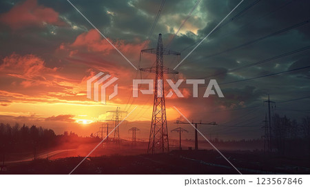 Panoramic view of majestic high-voltage power lines against the backdrop of sunset Panoramic view of majestic high-voltage power lines against the backdrop of sunset 123567846