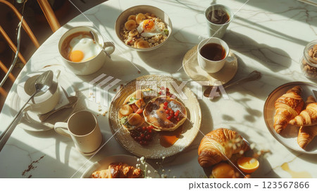 Breakfast flat lay with coffee mugs, pancakes with syrup, toast with poached egg, bowls of oatmeal with fresh fruits Breakfast flat lay with coffee mugs, pancakes with syrup, toast with poached egg, bowls of oatmeal with fresh fruits 123567866