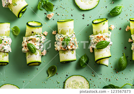 Row of cucumber rolls with a green herb garnish 123567873