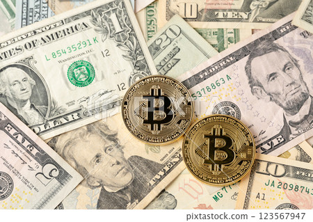 Bitcoin and dollar bills 123567947