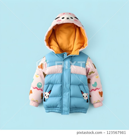 Children's down jacket on a simple background 123567981