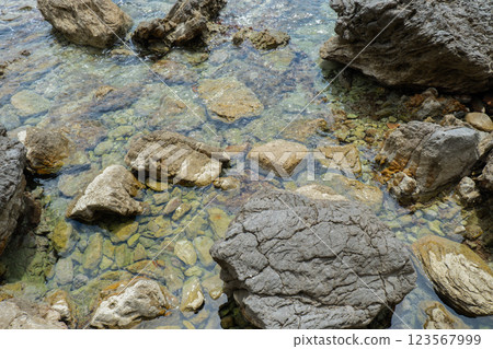 Beautiful rocks and bright turquoise water among layered rocks near Budva, Montenegro. Tropical summer landscape exotic beach on the Adriatic Sea. Vacation 123567999