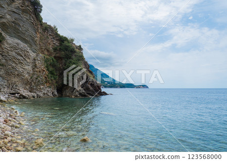 Beautiful rocks and bright turquoise water among layered rocks near Budva, Montenegro. Tropical summer landscape exotic beach on the Adriatic Sea. Vacation 123568000