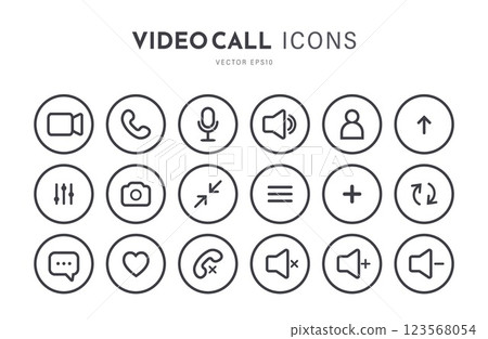 Icon Videocall. Collections buttons for video chat interface. Minimalistic simple outline symbols. Vector illustration isolated on white background Icon Videocall. Collections buttons for video chat interface. Minimalistic simple outline symbols. Vector illustration isolated on white background 123568054