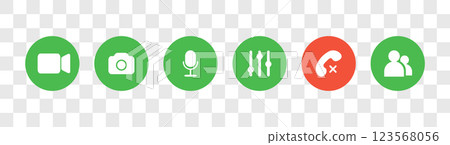 Videocall Icon. Online call control symbol set. Basic icons for video conference, webinar and video chat. Flat Vector illustration on transparent background Videocall Icon. Online call control symbol set. Basic icons for video conference, webinar and video chat. Flat Vector illustration on transparent background 123568056