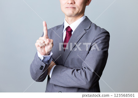 A middle-aged male businessman in a suit pointing his index finger A middle-aged male businessman in a suit pointing his index finger 123568501