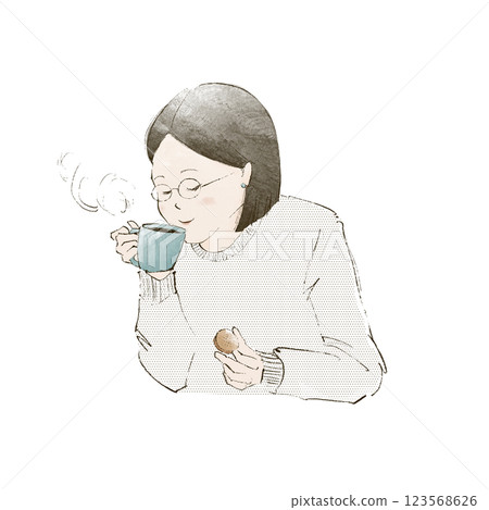 Woman drinking coffee and eating sweets 123568626
