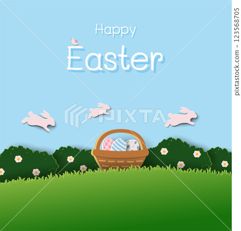 Happy Easter greeting card,celebrate theme with rabbit family on spring garden 123568705