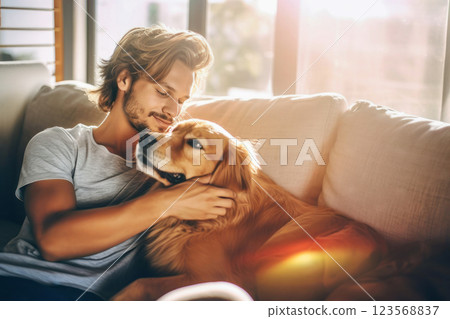 A happy moment for a man relaxing with his dog 123568837