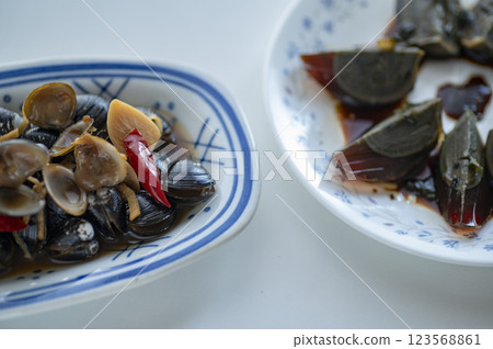 Chinese food Appetizer Century egg pickled in soy sauce 123568861