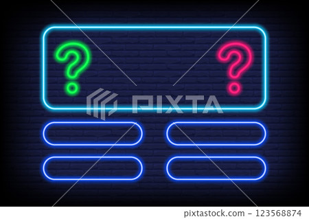 Quiz game neon template for tv show on brick wall background. Frame for question and answers for intellectual competition. Vector banner and trivia led menu. 123568874