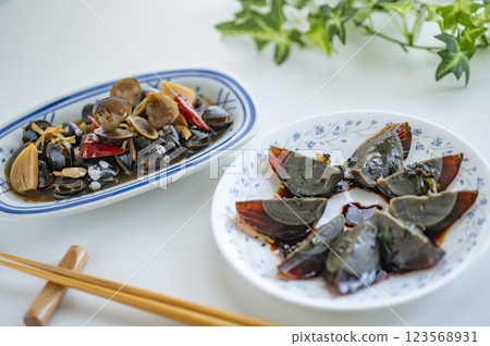 Chinese food Appetizer Century egg pickled in soy sauce Chinese food Appetizer Century egg pickled in soy sauce 123568931