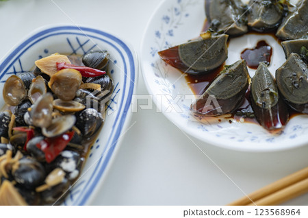 Chinese food Appetizer Century egg pickled in soy sauce 123568964