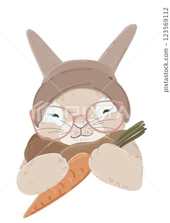 Cute rabbit wearing knitted hat holding carrot Cute rabbit wearing knitted hat holding carrot 123569112