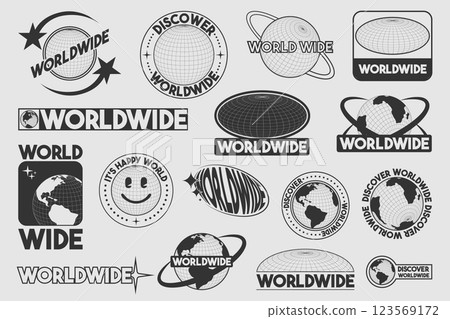 Y2k globe stickers with worldwide text Y2k globe stickers with worldwide text 123569172
