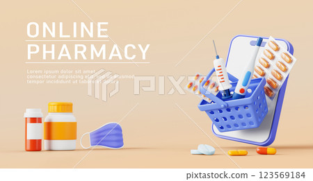 3d online pharmacy banner. Mobile drugstore service. Cartoon render smartphone with basket in app for purchases medical drugs, pills, syringe, thermometer and healthcare products. 3D illustration 3d online pharmacy banner. Mobile drugstore service. Cartoon render smartphone with basket in app for purchases medical drugs, pills, syringe, thermometer and healthcare products. 3D illustration 123569184